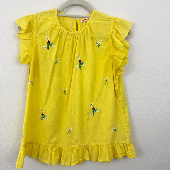 Banjanan Womens Tricia Blouse Top Sz S Ruffled Embroider Floral Swiss Dot Yellow - Picture 1 of 9